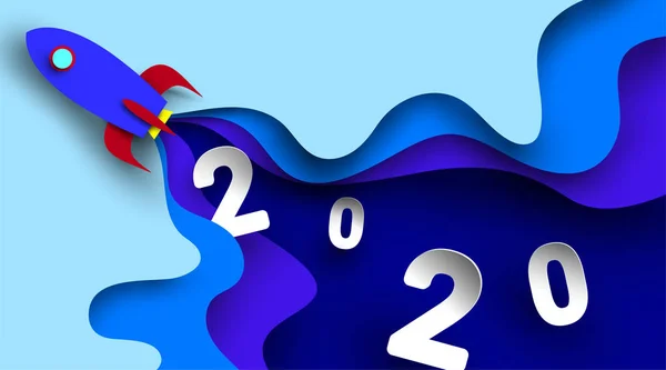 2020 yılbaşı numarası, kağıt kesim ve el işi tarzında roket tasarımı. 2020 hedeflerine ulaşmanın sembolü. Şirket konseptini başlat. - Vektör.