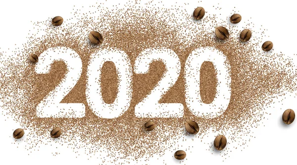 Numero di testo del caffè 2020 design. Sfondo chicco di caffè in polvere. Concetto semplice. - Vettore — Vettoriale Stock