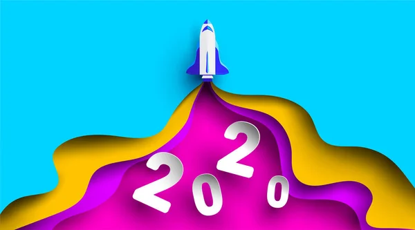 2020 New Year number design with rocket in paper cut and craft 스타일. 목표 달성의 상징 2020. 회사 컨셉을 만드는 거죠. - 벡터. — 스톡 벡터