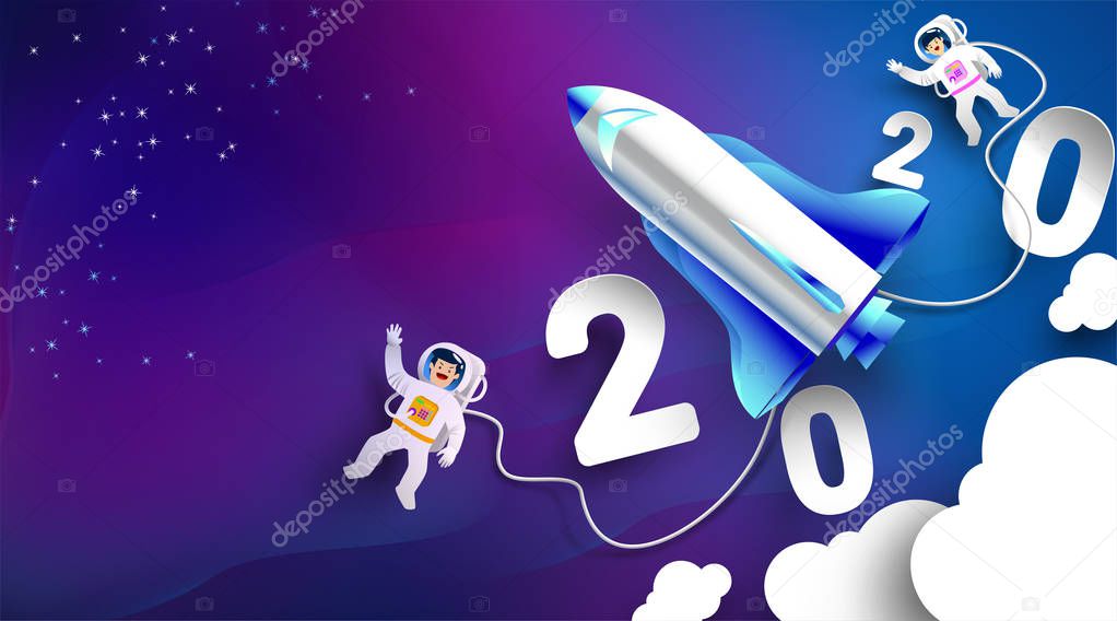 2020 New Year rocket on space with astronaut. -Vector.