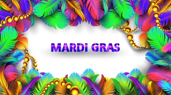 Mardi gras carnival banner with bird feathers and necklace poster isolated on white background. Use for greeting card, web, flyer, ad, ads. - Vector — Stock vektor