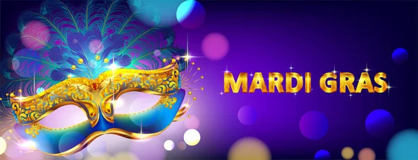 Mardi gras maschera carnevale poster sfondo con effetto bokeh per la celebrazione biglietto di auguri, banner, volantino. - Vettore — Vettoriale Stock
