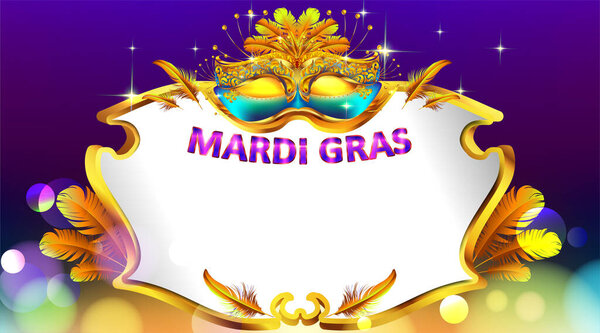 Mardi gras carnival mask poster background with copy space for text. Bokeh effect for celebration greeting card, banner, flyer. - Vector Vector Graphics