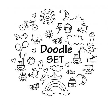 Elle çizilmiş, doodle küme. Kroki simgeler için davet, el ilanı