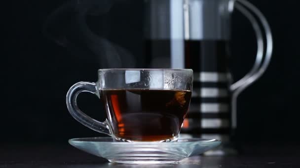 Sugar Poured Cup Black Hot Tea — Stock Video