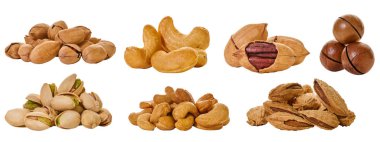 Beyaz izole bir arkaplan üzerinde kırpma yolu olan çeşitli fındıklar                                     