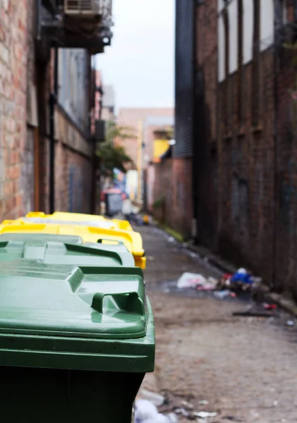Wheelie bins in a garbage strewn alleyway — Stock Photo, Image