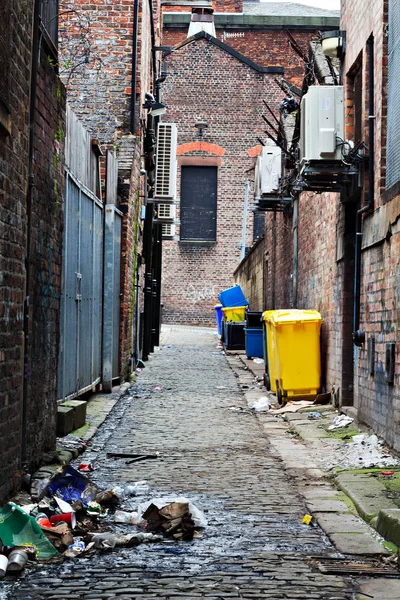 Wheelie bins in a garbage strewn alleyway — Stock Photo, Image