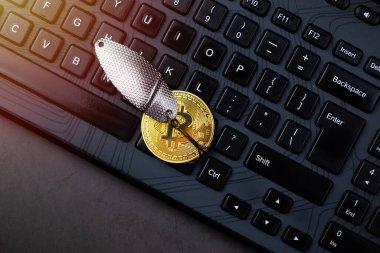 Klavyenin üzerindeki kancada bitcoin var. Para yakalama, para dolandırıcılığı, kripto para dolandırıcılığı konsepti