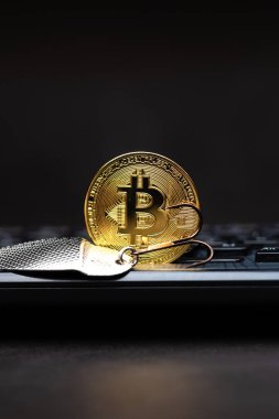 Klavyenin üzerindeki kancada bitcoin var. Kripto para dolandırıcılığı kavramı