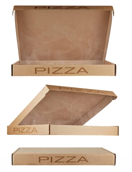 Set of three cardboard pizza boxes from different angles with the inscription PIZZA, isolated on a white background. One closed and two open. Concept: biodegradable packaging, recyclable products.