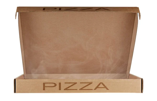 Half-open pizza box with rising steam isolated on a white background. Front view.