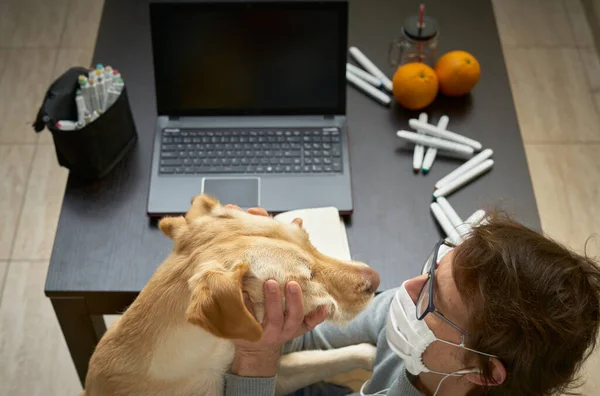 Adam evcil köpeği Labrador 'la oynuyordu. Maskeli virüsün yayılmasını engelliyordu. Evde kal.