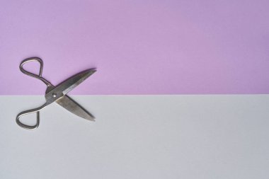 Makas çift renk pembe ve gri arkaplan yaratıcı kopya alanı, üst görünüm, yatay