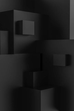 Karanlık kareler soyut arkaplan. Gerçekçi küp duvarı, 3D görüntüleme