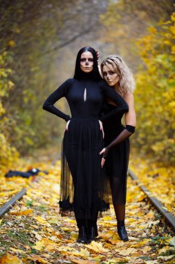 İki vintage cadı Halloween.autumn sabbat Havva için toplandı. gün, demiryolu raylar.