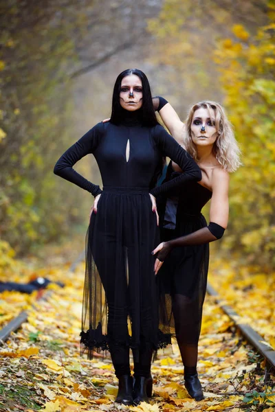 Duas bruxas vintage se reuniram para a véspera de sabat de Halloween.autumn. dia, carris ferroviários . — Fotografia de Stock