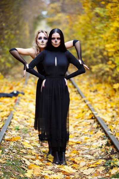 Dos brujas de la vendimia se reunieron para la víspera del sabbat de Halloween.Otoño. día, ferrocarriles . — Foto de Stock