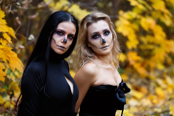 Dos brujas de la vendimia se reunieron para la víspera del sabbat de Halloween.Otoño. día, ferrocarriles . Imagen De Stock
