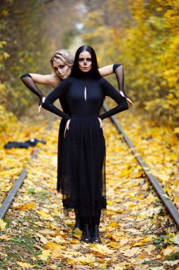 İki vintage cadı Halloween.autumn sabbat Havva için toplandı. gün, demiryolu raylar.