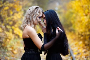 İki vintage cadı Halloween.autumn sabbat Havva için toplandı. gün, demiryolu raylar.