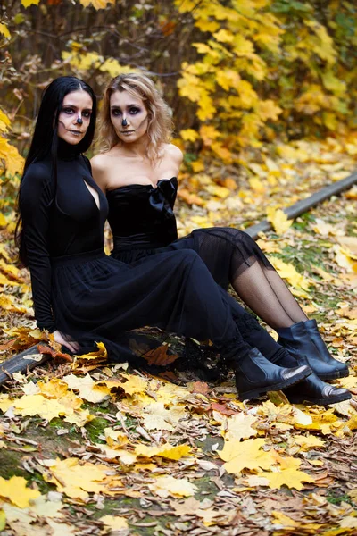 Two vintage witches gathered for the sabbat eve of Halloween.autumn. day, railway rails. — Stock Photo, Image