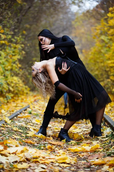 Deux sorcières millésimées se sont rassemblées pour la veille du sabbat de Halloween.autumn. jour, rails ferroviaires . — Photo