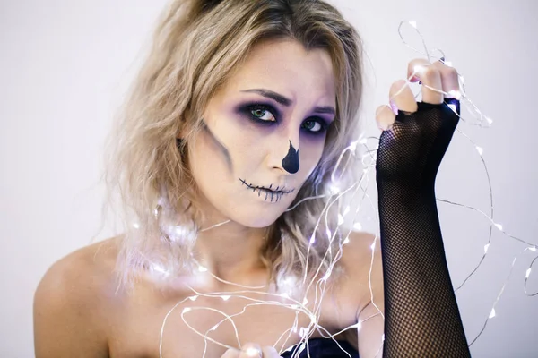 Woman with bright skeleton make up. — Stock Photo, Image