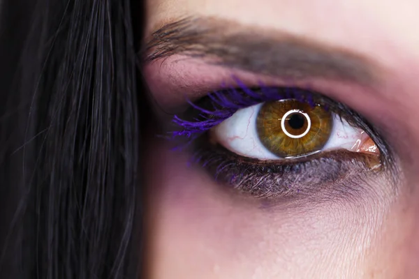 Porträt einer schönen jungen Frau mit hellem Make-up und ausgeprägten lila Augen. — Stockfoto