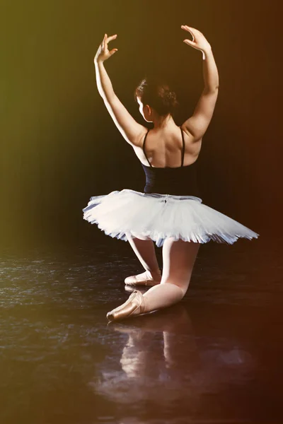 Bailarina chica posando y interpretando elementos de danza en brillante luz escénica sobre un fondo negro —  Fotos de Stock