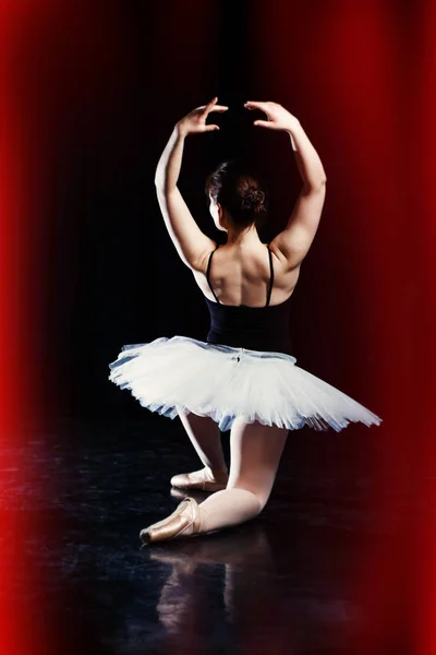 Девушка-балерина позирует и исполняет танцевальные элементы в ярком живописном свете на черном фоне — стоковое фото