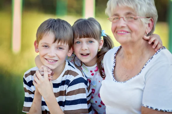 Closeup Summer Portrait Happy Grandmother Grandchildren Outdoors — Stock Photo, Image