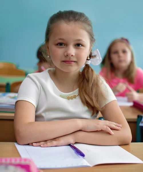 Lektion Kleines Schulmädchen Hört Ihrem Lehrer Der Klasse — Stockfoto