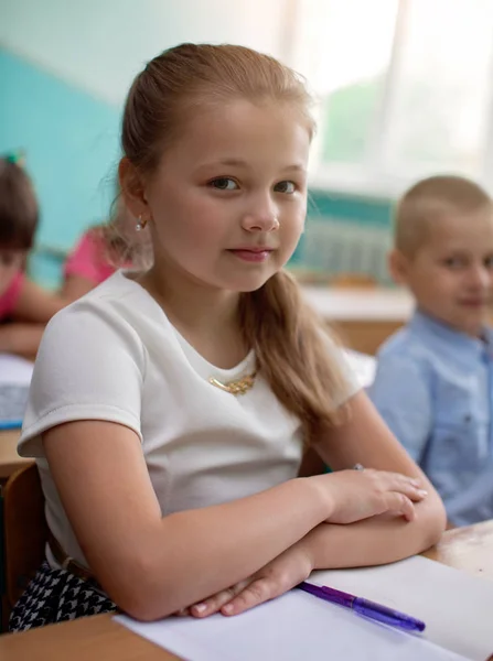 Lektion Kleines Schulmädchen Hört Ihrem Lehrer Der Klasse — Stockfoto