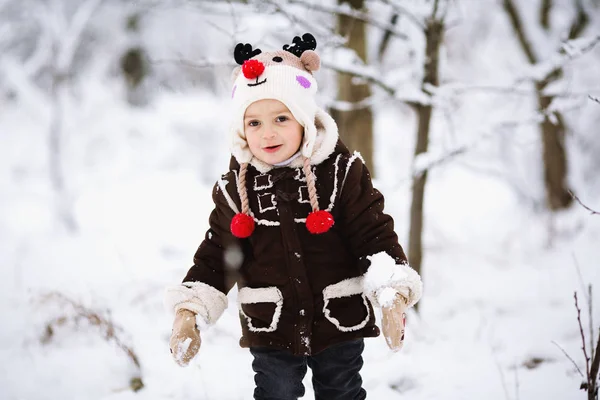 Closeup Winter Portrait Cute Little Boy Playing Having Fun — Stock Photo, Image