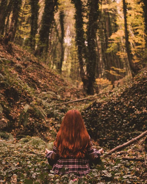 Vörös Haj Lány Mély Erdőben Jogdíjmentes Stock Fotók