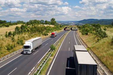 Otoyol koridor ecoduct ile seyahat kamyonlar. Şehir ve ormanlık dağlar içinde belgili tanımlık geçmiş. Güneşli yaz günü. Yukarıdan görüntülemek.