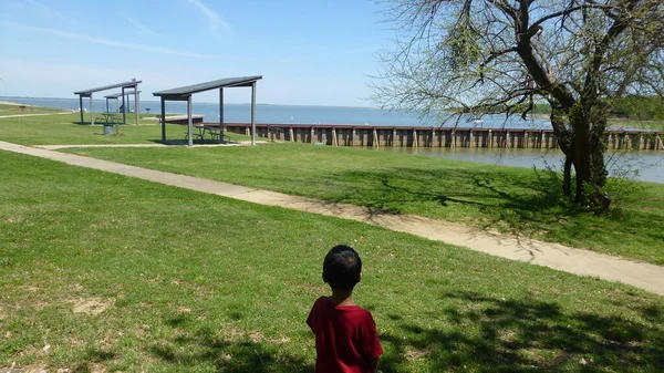 Kuzey Teksas 'taki Cooper State Parkı' nda göle bakan bir çocuk..  