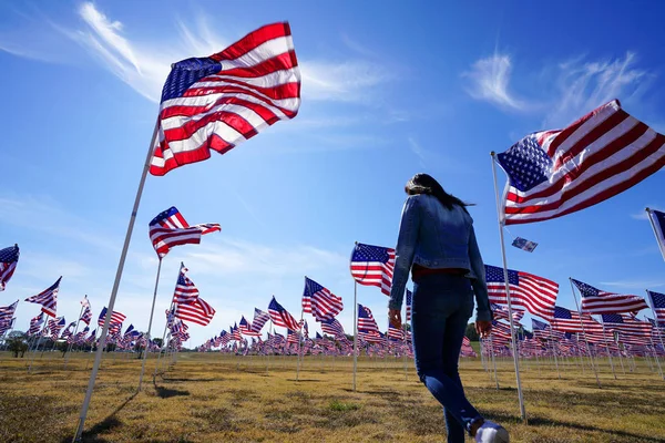Mujer Americana Parque Con Bandera Nacional —  Fotos de Stock