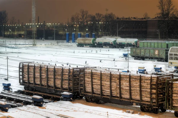 Cargo train carrying wood at night