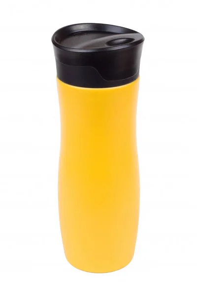 Tazza termica gialla isolata su bianco — Foto Stock