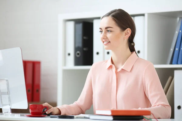 Προσωπογραφία γυναίκας επιχειρήσεων. Αυτός είναι κάθεται σε ένα γραφείο σε ένα γραφείο και να εργάζονται σε μια επιφάνεια εργασίας. Κοιτάει την οθόνη και χαμογελαστός — Φωτογραφία Αρχείου
