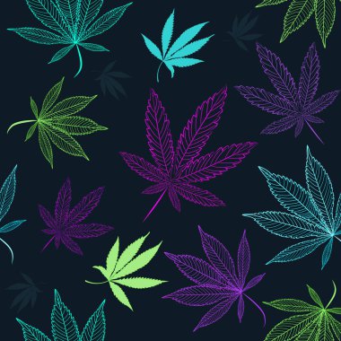 Vektör Kusursuz Çok Renkli Tıbbi Cannabies Deseni. Neon, Renkli Kenevir Yaprakları Siluetleri. 