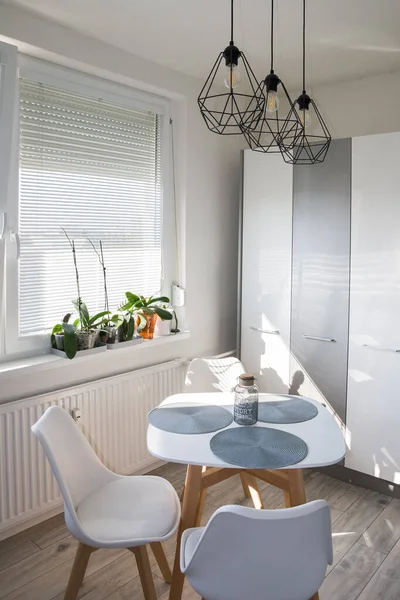 Scandinavian, Minimalism Home. White Kitchen Design. Modern white shiny kitchen with the silver accent and accessories. Cozy, beautiful, functional kitchen design.