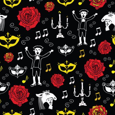 Vektör Wolfgang Amadeus Mozart, Mozart, Karnaval maskeleri, mum çubukları ve notlarla kusursuz şablon arka planını tekrarlıyor