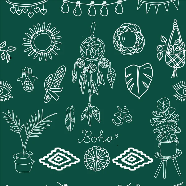 Vektor ismétlődő minta BOHO szimbólumok smaragd zöld háttér, fehér körvonalak álomfogó, sonka kéz, virágok pot, makrame, kolostor, om, lógó izzók.. — Stock Vector