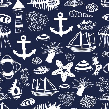 Vector Nautilus kusursuz desen çapa, kabuk, gemi, yıldız balığı, yaşam halkası, mercan, deniz feneri