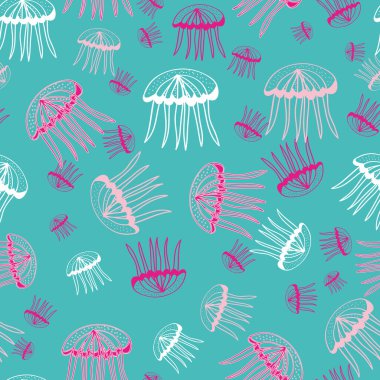 Denizanası ile kusursuz deniz desenli taşıyıcı. Medusa ile döşeme dokusu. Su altı deseni. Düzenlenebilir.