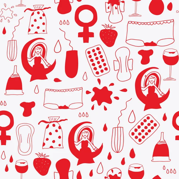 Vektor ismétlődő minta, menstruációs időszak szimbólumok, mint a bugyi, üveg vörösbor, tamponok, párnák, hold, nő, vér, eper. — Stock Vector