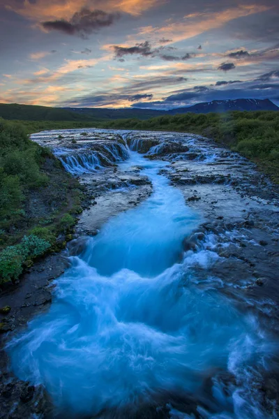 Waterfall Bruarfoss Golden Clouds Sky Flowing Water Captured Long Exposure — Stock Photo, Image